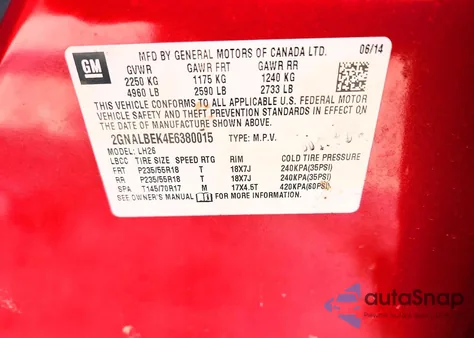 2014 Chevrolet Equinox Lt from USA, damaged, VIN 2GNALBEK4E6380015